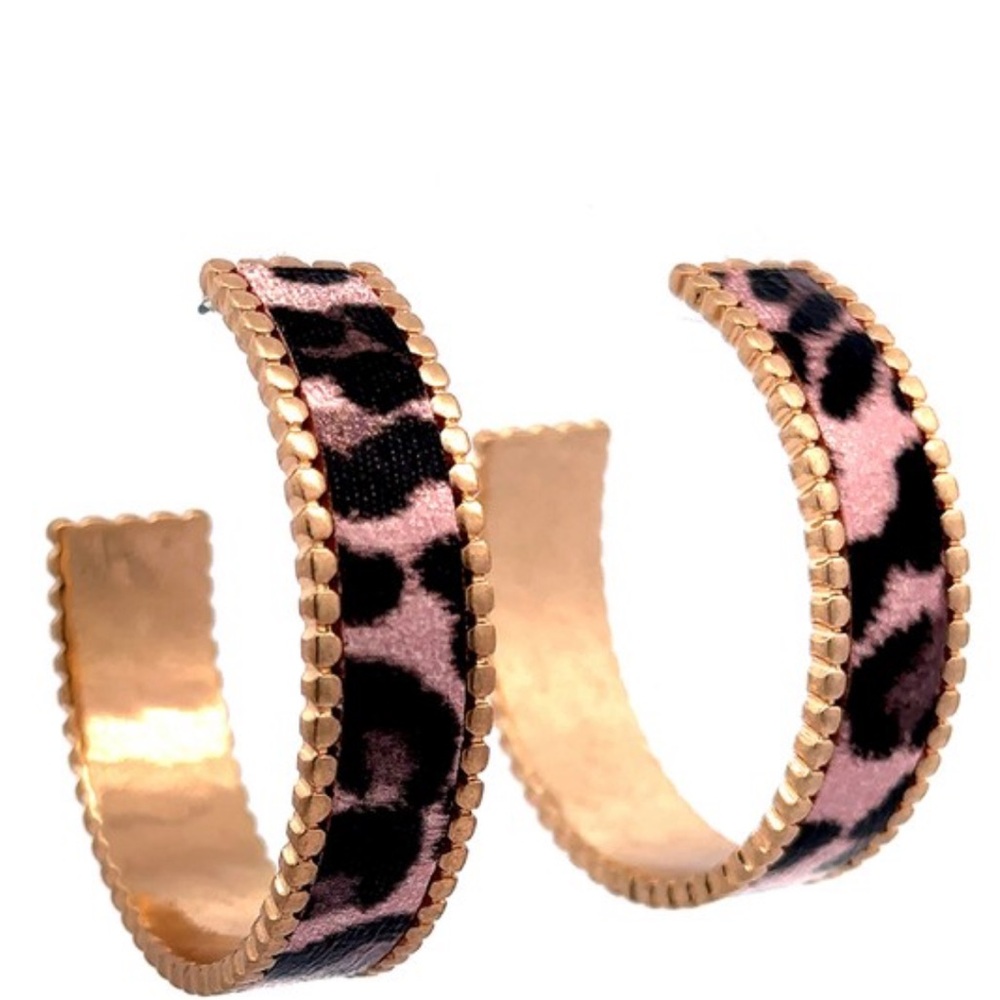 NWT! Leopard Print Pink Gold Textured Hoop Earrings - Picture 5 of 6